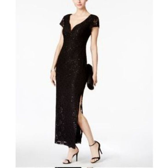 Connected Petite Sequined Lace Column Gown - Black - Picture 1 of 3